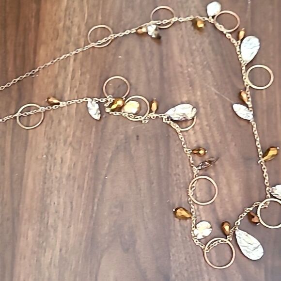 Antique Gold Necklace with Brown Beads, Circles, Large & Small Pendants - Picture 3 of 5